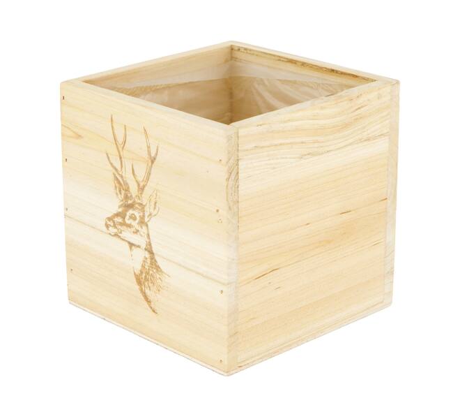 Planter square deer pine wood with plastic 12x12x12cm FSC 100%