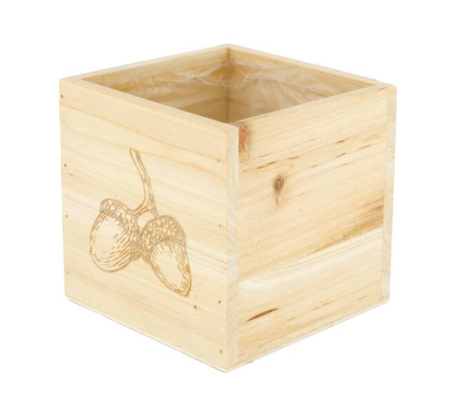 Planter square acorn pine wood with plastic 12x12x12cm FSC 100%