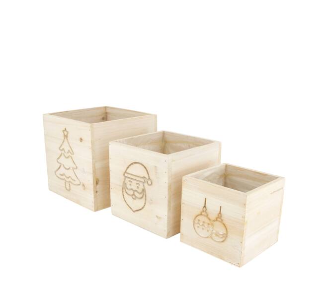Planter square christmas pine wood with plastic 18x18x18cm S/3 FSC 100%