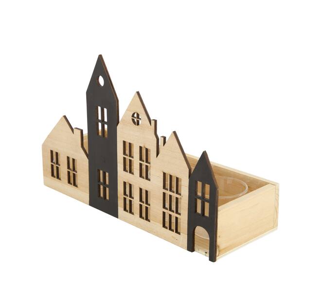Tealight holder house pine wood with glass 28x10x18cm FSC 100%