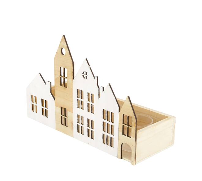 Tealight holder house pine wood with glass 28x10x18cm FSC 100%
