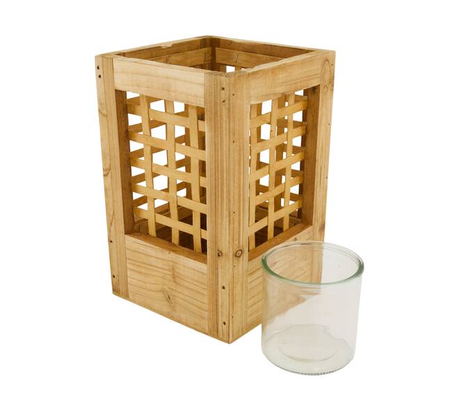 Lantern poplar wood with glass 18x18x28cm FSC 100% - Natural