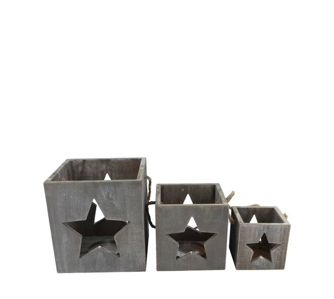 Lantern square star fir wood 18x18x19cm S3 FSC 100% - Grey