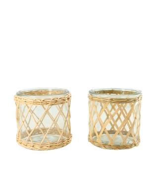 Tealight holder chip wood with glass 12x12x12cm  - Natural