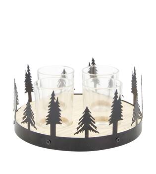 Tealight holder tree metal with pine wood with glass 18x18x8cm