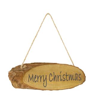 Sign Merry Christmas fir wood with hanger 37x11x4cm - Natural