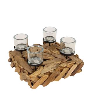 Pillar candle holder erosion wood 38x38x13cm - Natural