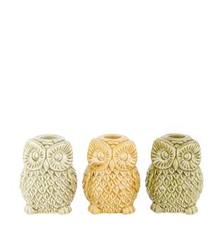 Dinnercandle holder owl ceramic 8x7.5x10cm - Green