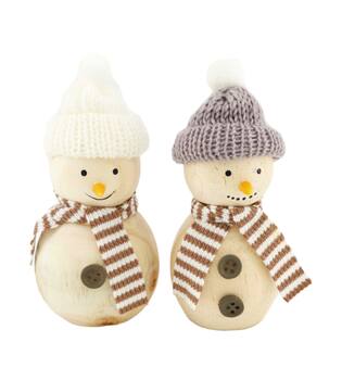 Figurine snowman pine wood 6.3x6.3x13.5cm - Natural
