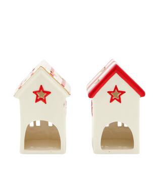 Tealight holder house porcelain 7.7x7x12cm - Red