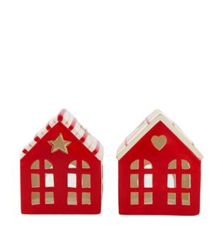 Tealight holder house porcelain 10.6x7x12.5cm  - Red