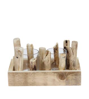 Tealight holder historic wood with glass 24x14x12cm - Cream