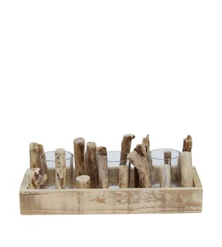 Tealight holder historic wood with glass 36x14x12cm - Cream