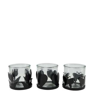 Tealight holder iron with glass 10.5x10.5x10cm  - Black