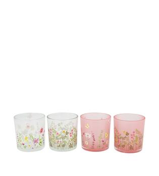 Tealight holder with flower print glass 7.3x7.3x8cm A/4