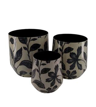 Planter round black leaf metal with print 22x22x22.5cm S/3