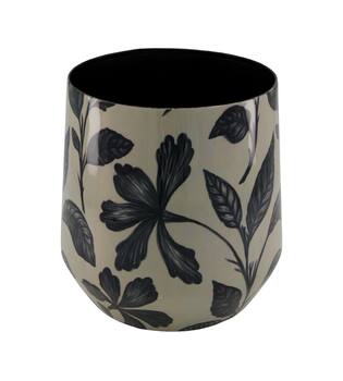 Planter round black leaf metal with print 22x22x22.5cm S/3