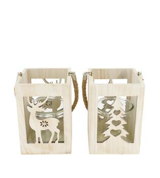 Lantern tree and reindeer pine wood with glass 12x12x18cm - White