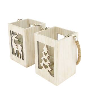 Lantern tree and reindeer pine wood with glass 12x12x18cm - White