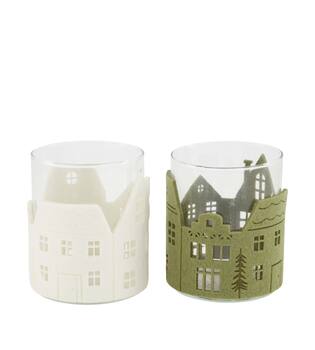 Tealight holder round felt houses glass 8.5x8.5x10cm - Green