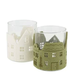 Tealight holder round felt houses glass 8.5x8.5x10cm - Green