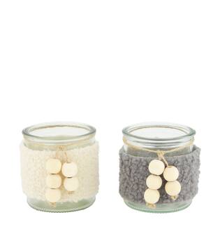 Tealight holder round fabric with glass 8x8x8cm  - Grey