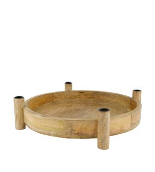 Tray round mango wood with candle holders 38x43x10cm - Natural