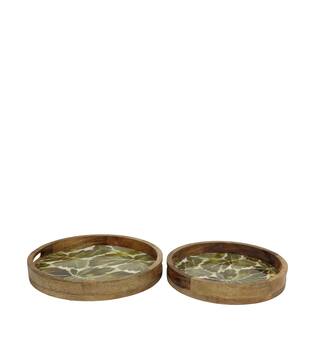 Tray round mango wood with print 38x38x5.5cm  - Natural