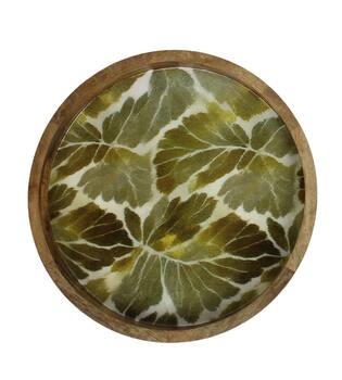 Tray round mango wood with print 38x38x5.5cm  - Natural