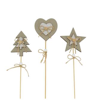 Figurine heart / star / tree plywood on stick 9x1.4x58cm 3pc A/3