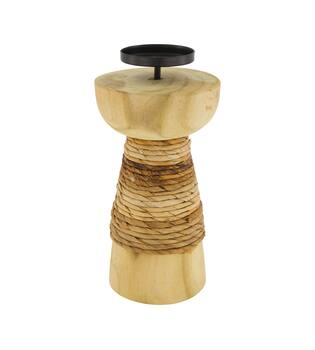 Pillar candle holder banana leaf teak wood 14x14x28cm