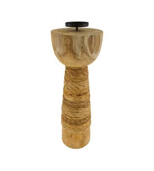 Pillar candle holder banana leaf teak wood 18x18x58cm