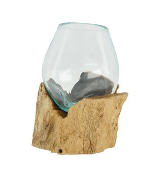 Root teak wood with glass 9x9x12.5cm - Natural