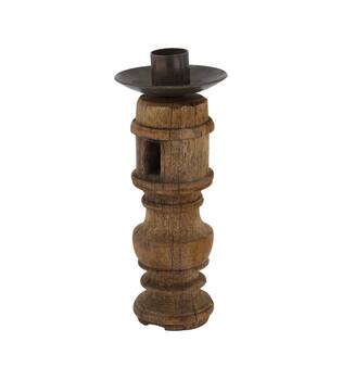 Pillar candle holder round reclaimed wood 6x6x15cm - Brown