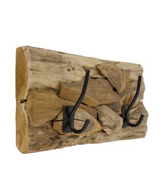 Coat rack teak wood with 2 hooks 38x18x8cm - Natural
