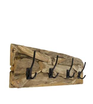 Coat rack teak wood with 4 hooks 58x18x8cm