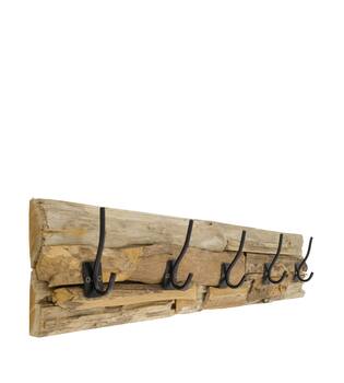 Coat rack teak wood with 5 hooks 78x18x8cm - Natural