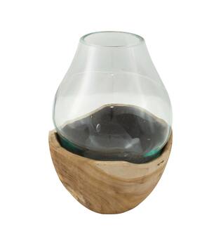 Vase teak wood with glass 17x17x26cm - Natural