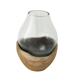 Vase teak wood with glass 17x17x26cm - Natural