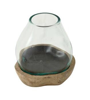Vase teak wood with glass 19x19x18cm