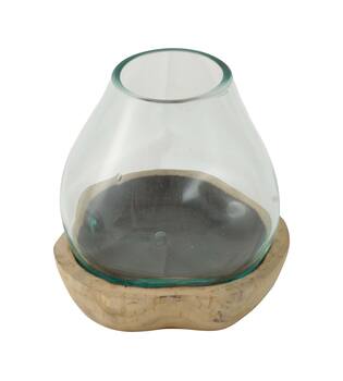 Vase teak wood with glass 19x19x18cm