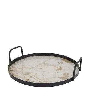 Tray round with marble print metal with handle 38x38x8.5cm
