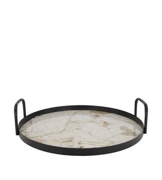 Tray round with marble print metal with handle 38x38x8.5cm