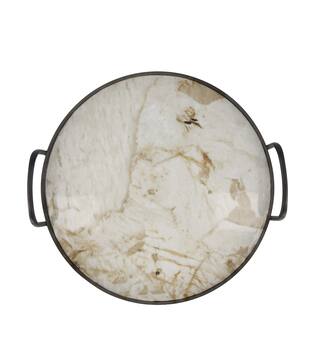 Tray round with marble print metal with handle 38x38x8.5cm