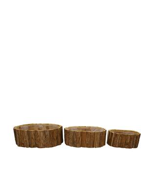 Planter oval fir wood with plastic 33x24x11cm S/3