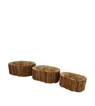Planter oval fir wood with plastic 33x24x11cm S/3