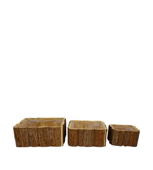 Planter square fir wood with plastic 28x28x11cm S/3