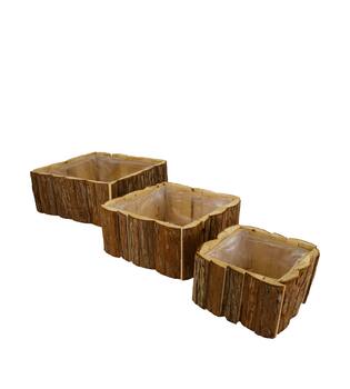 Planter square fir wood with plastic 28x28x11cm S/3
