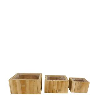 Planter square reclaimed wood with plastic 25x25x12cm S/3