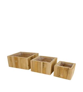 Planter square reclaimed wood with plastic 25x25x12cm S/3